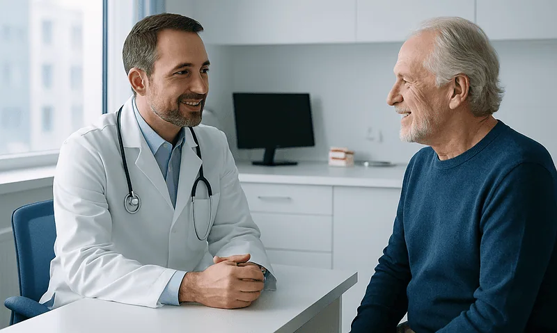 Dentist consulting with elderly patient in modern clinic.