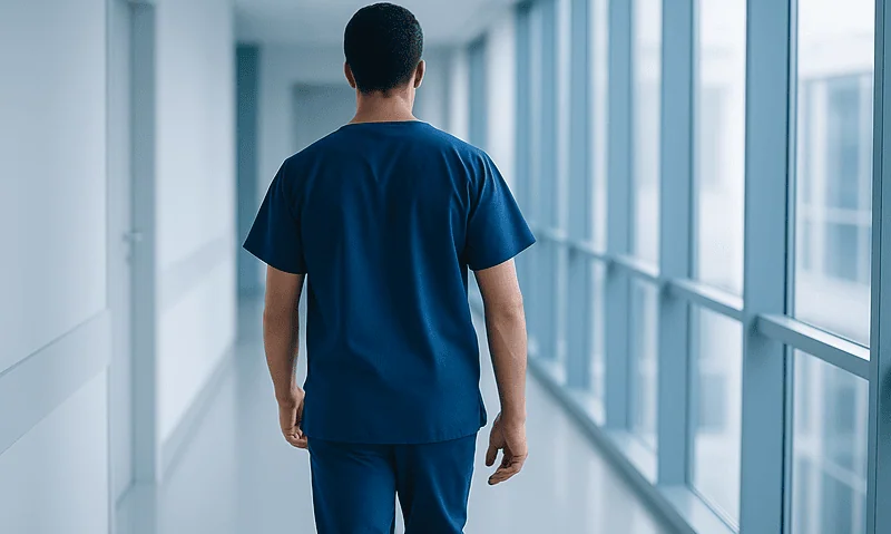 Healthcare professional walking in hospital corridor with large windows.