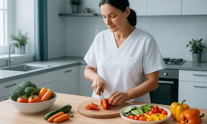 Woman preparing fresh vegetables in a modern kitchen for a healthy diet.