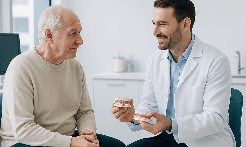 Dentist explaining dental implants to elderly patient in clinic.