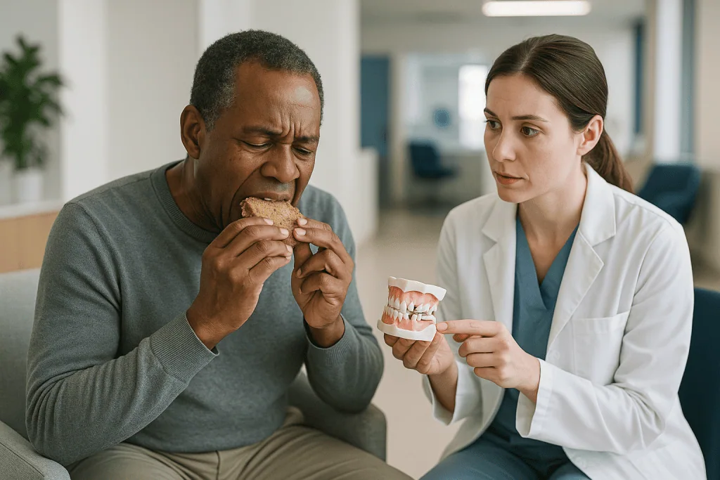 Dentist showing dental model to patient eating food: All on 6 bridge broke or chipped: what has actually fractured?
