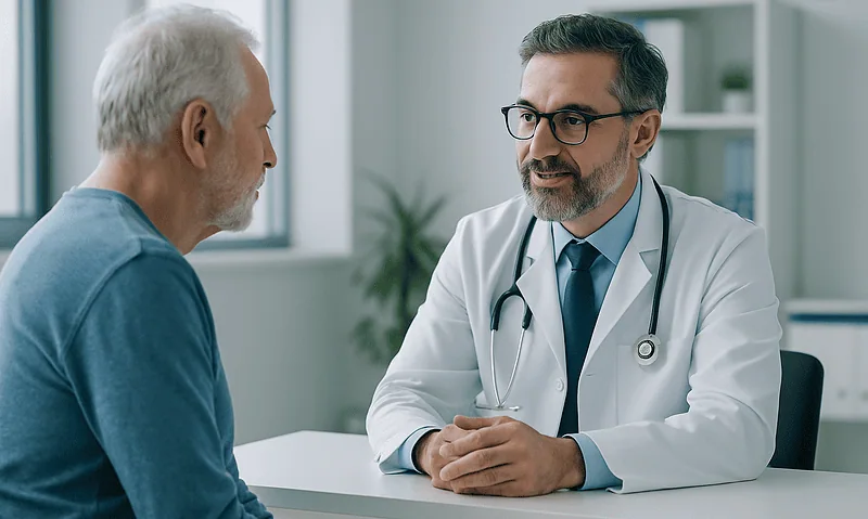 Doctor consulting with an elderly patient in a modern clinic setting.