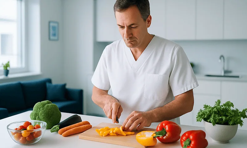 Male healthcare professional preparing vegetables in a modern kitchen.