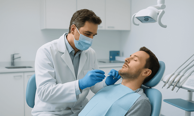 Dentist examining patient during dental consultation at Acibadem Hospital.