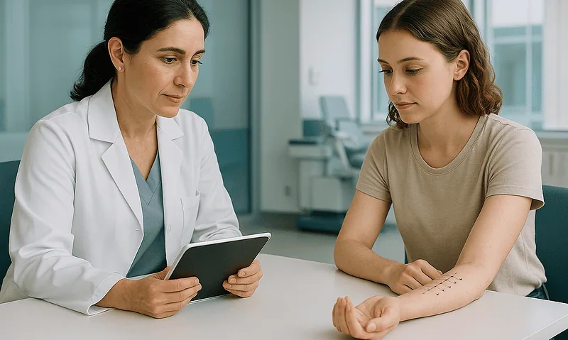 Doctor consulting with a young patient about eye health in a modern clinic.