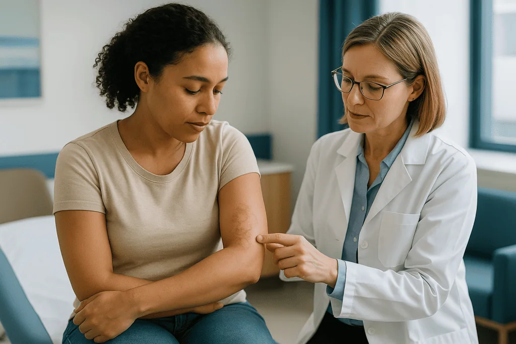 Dermatologist examining patient's arm skin condition: Allergic contact dermatitis vs eczema: the rash draws a map