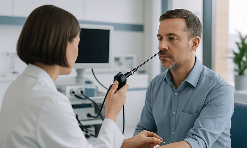 ENT specialist examining patient for allergic rhinitis symptoms.