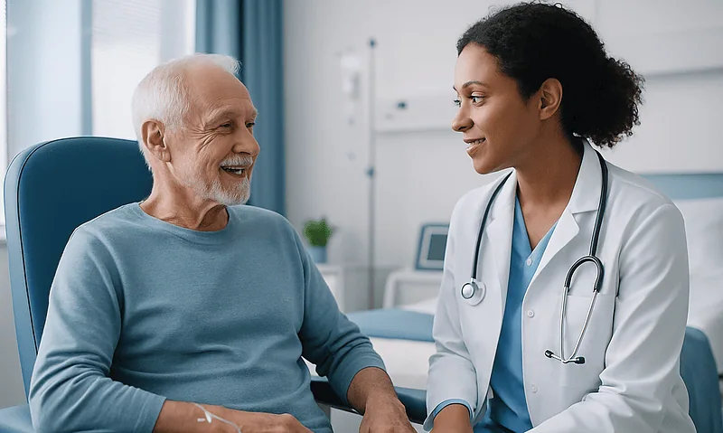 Doctor talking to elderly patient in hospital room.