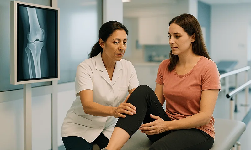 Orthopedic consultation with X-ray image in the background at Acibadem Hospitals.