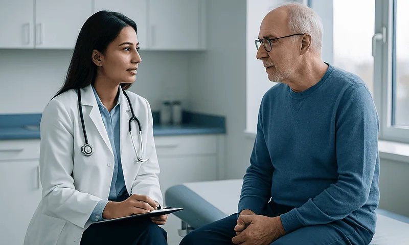 Doctor consulting with elderly male patient in clinic setting.