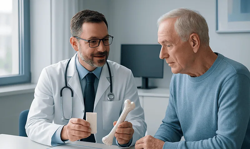 Orthopedic surgeon explaining bone graft options to an elderly patient.