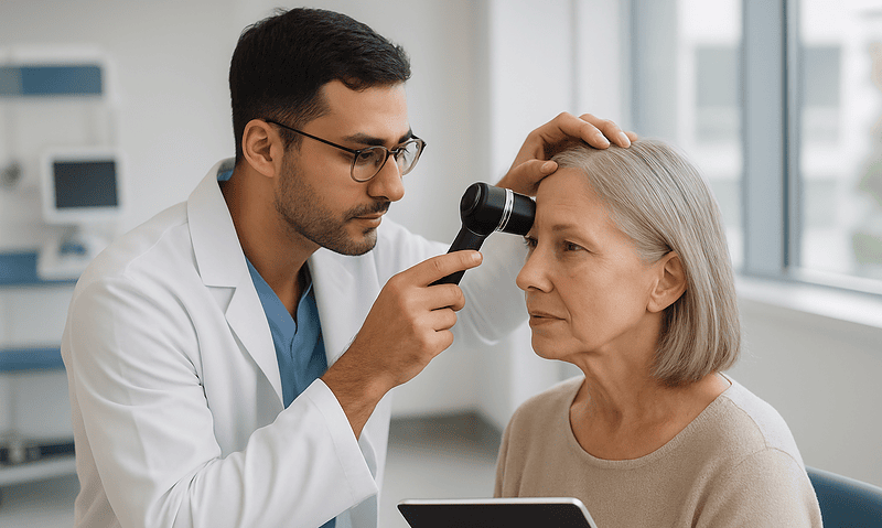 Doctor examining elderly woman's scalp with a dermatoscope in a clinic.