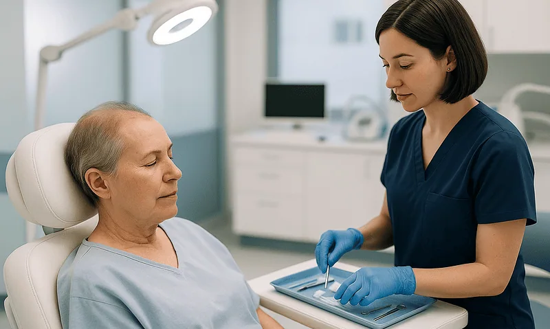 Doctor consulting with elderly patient in a medical clinic setting.