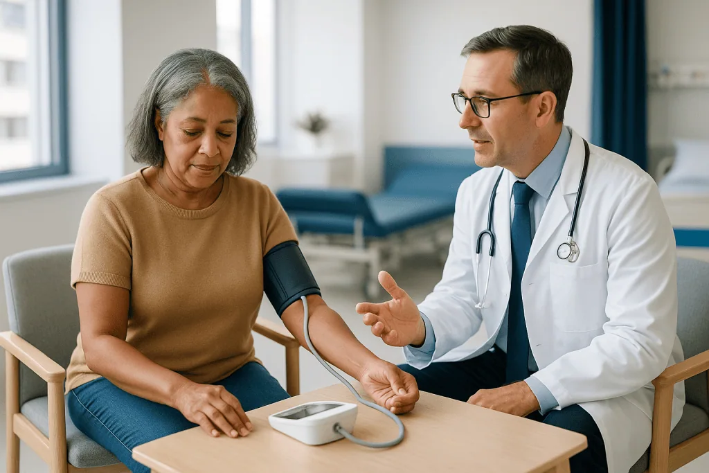 Doctor measuring patient blood pressure in clinical consultation: Alpha blockade before pheochromocytoma surgery: how it wor