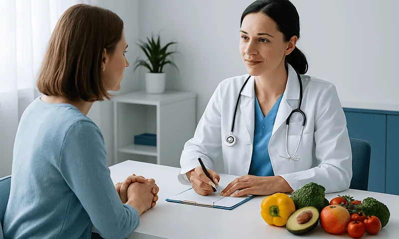 Doctor consulting with patient about nutrition and health at clinic.