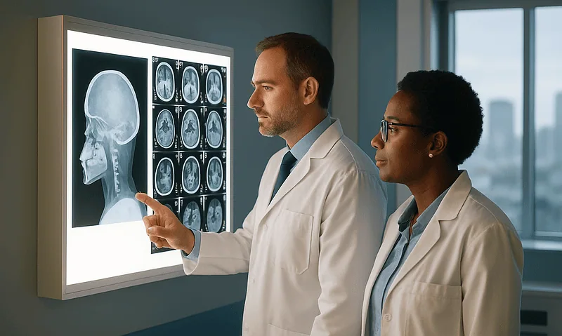 Doctors examining brain MRI scans in a hospital setting.