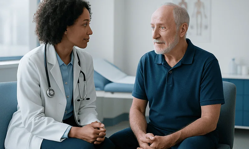 Doctor consulting with an elderly male patient in a medical office.