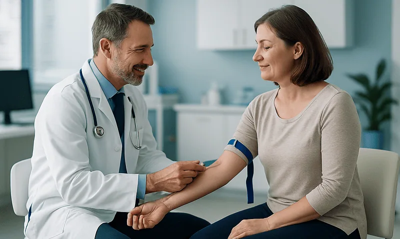 Doctor checking patient's blood pressure in a medical consultation.