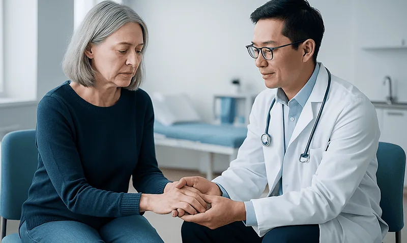 Doctor examining elderly woman's hands in a medical consultation.