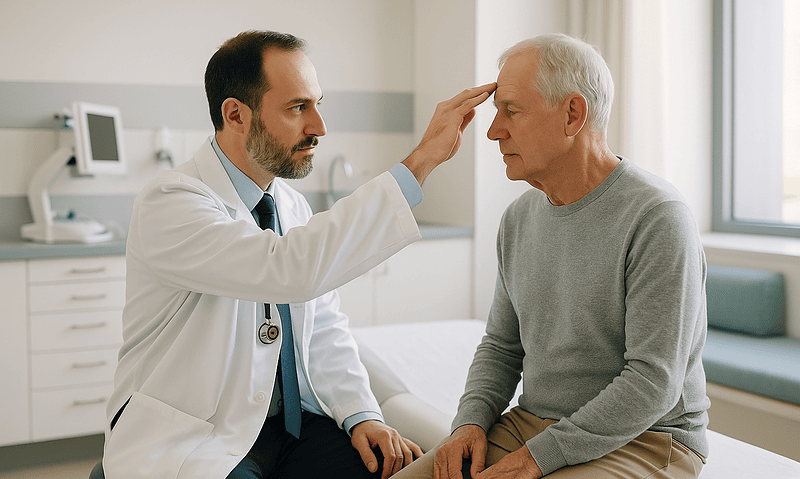 Doctor examining elderly patient's head in a medical consultation room.