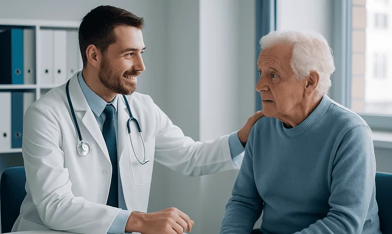 Doctor consulting with elderly patient in a medical office.