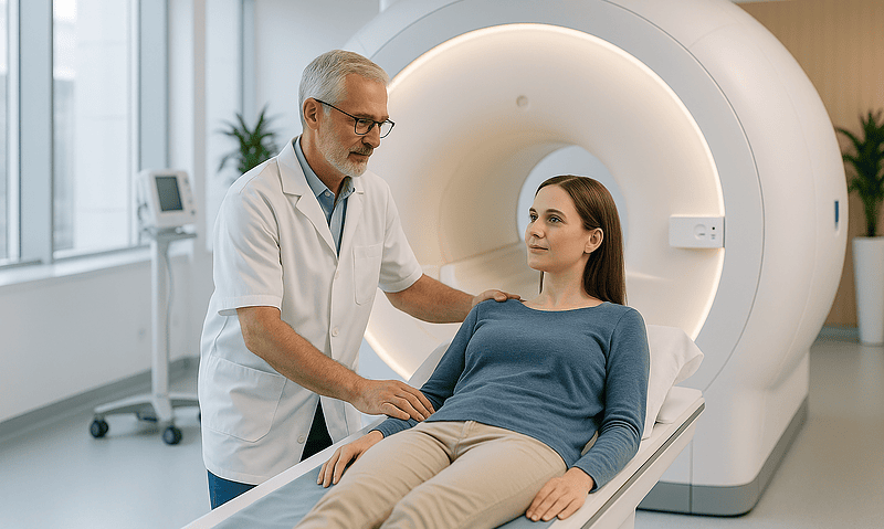 Doctor consulting with a patient in an MRI scan room at Acibadem Hospitals Group.