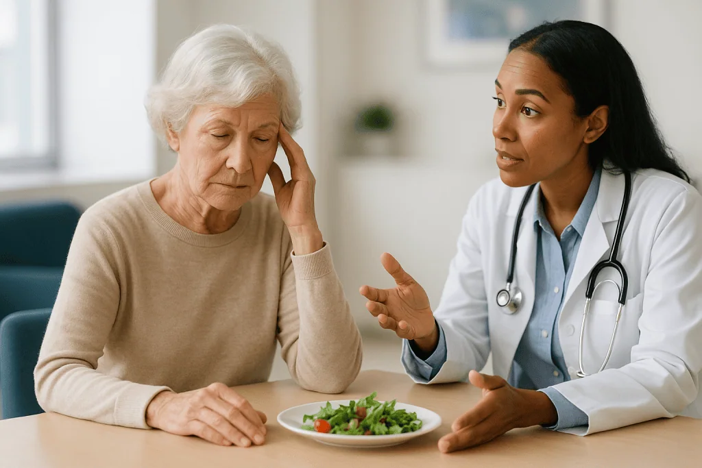 Doctor consulting elderly patient about diet and health: Alzheimer's vs normal aging: is forgetting a name just getting olde