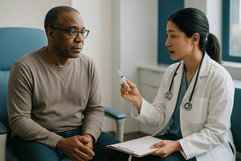 Doctor discussing vaccination with adult male patient: Am I immune to measles? How a titer test works and what it misses