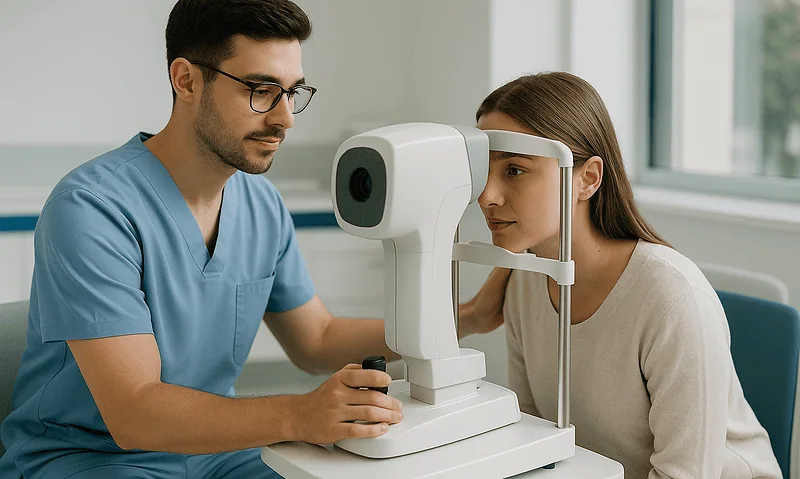 Optometrist examines patient's eye with specialized equipment at Acibadem Hospital.