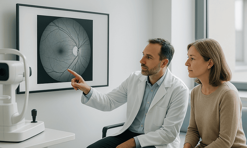 Ophthalmologist explains retinal scan to patient in clinic.