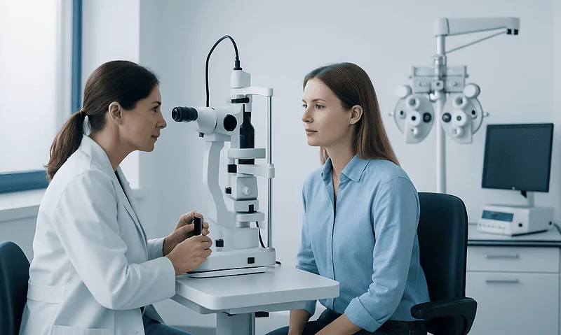 Optometrist examines patient's eye with slit lamp in clinic.