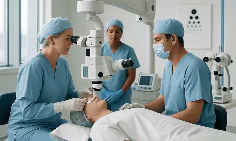 Ophthalmology team performing eye examination with surgical microscope at hospital.