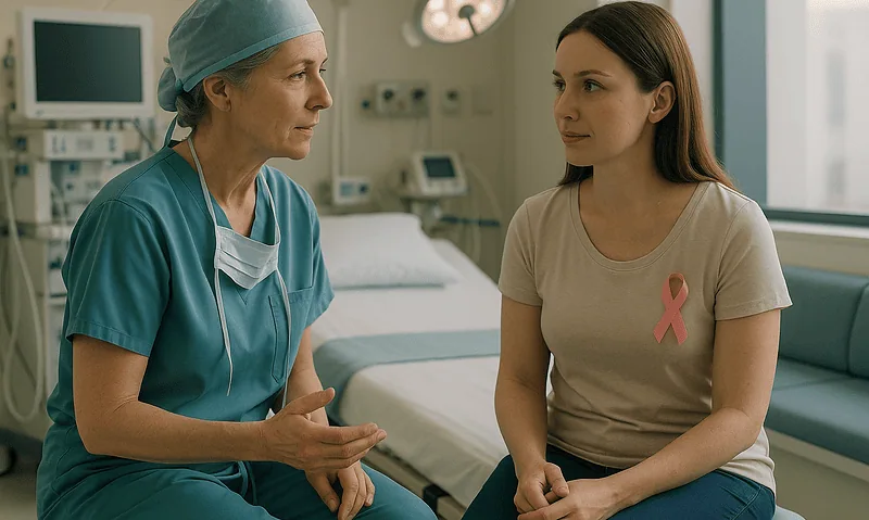 Doctor and patient discussing health in hospital room with medical equipment.