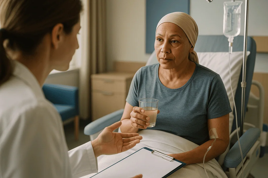 Healthcare worker consulting patient in hospital room: AML induction chemotherapy: what to expect in the first 48 hours