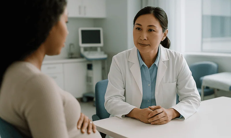 Doctor consulting pregnant woman in a medical office setting.