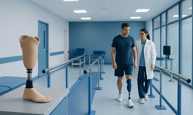 Patient with prosthetic leg walking with a therapist in rehabilitation center.