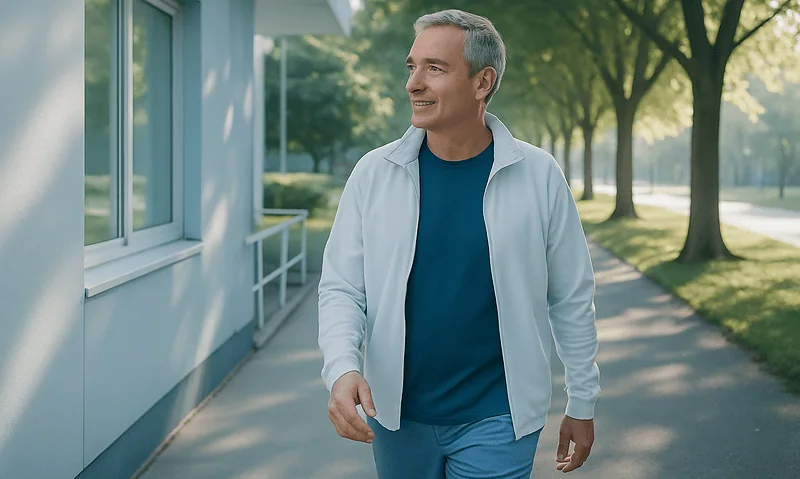 Smiling middle-aged man walking outside near a hospital building.