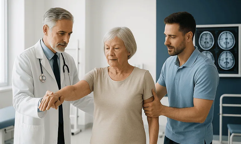 Doctor assisting elderly woman in a hospital setting with two medical professionals present.
