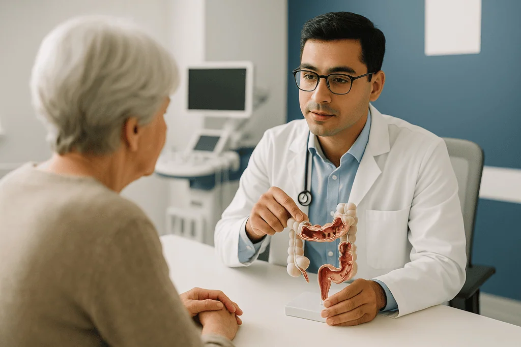 Anal Cancer 1 Doctor explaining colon anatomy to an elderly patient in a consultation room.