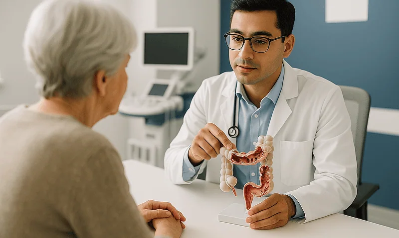 Doctor explaining colon anatomy to an elderly patient in a consultation room.