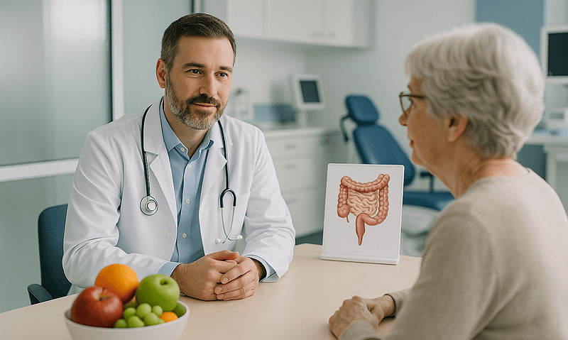 Doctor consulting with elderly patient about digestive health and anal fissure.