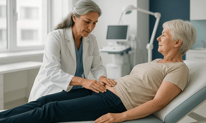 Doctor consulting with elderly patient in a hospital room.