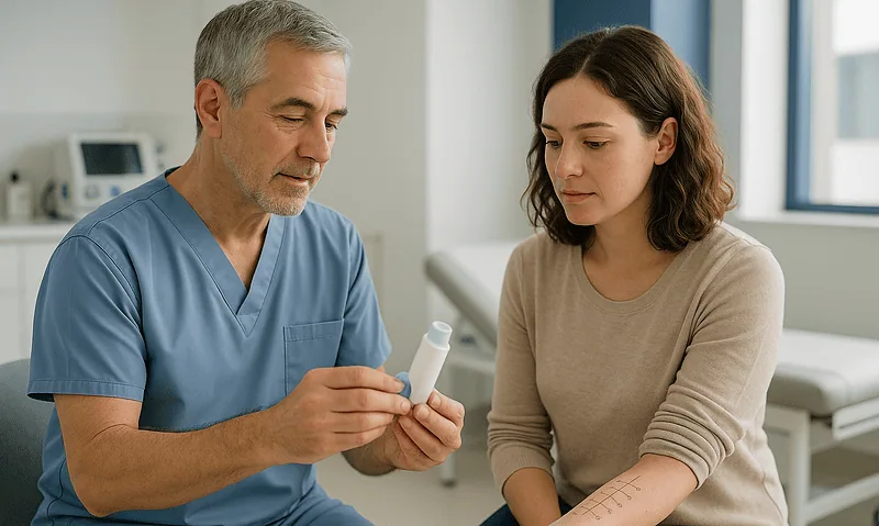 Doctor explaining medication to a patient in a hospital room.