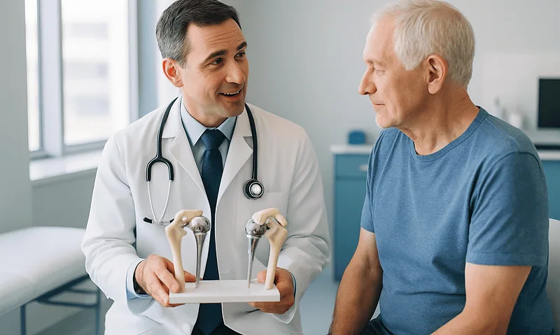 Orthopedic doctor explaining shoulder prosthesis options to an elderly patient.