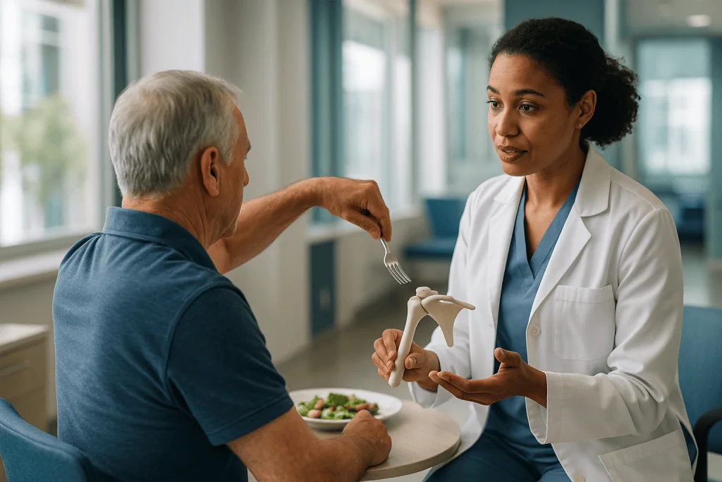 Doctor consulting patient about shoulder anatomy model: Anatomic vs reverse shoulder replacement: which one fits which shoul
