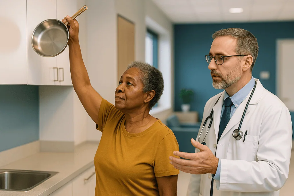 Doctor examining patient arm movement in clinical setting: Anatomic vs reverse: why implant design shapes shoulder prosthesi