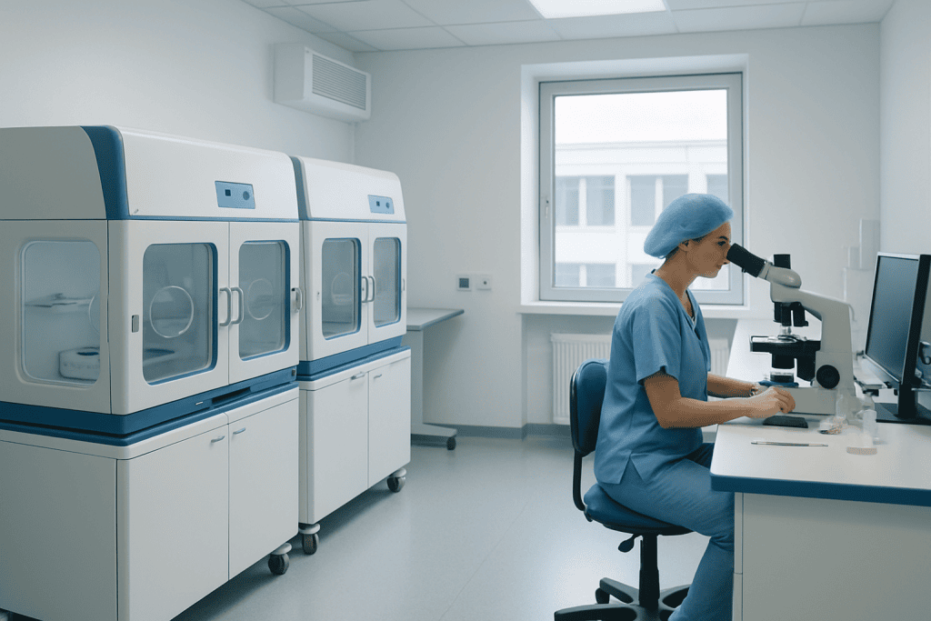 Androgen Insensitivity Syndrome (AIS) 1 Laboratory technician using a microscope in a modern medical lab.