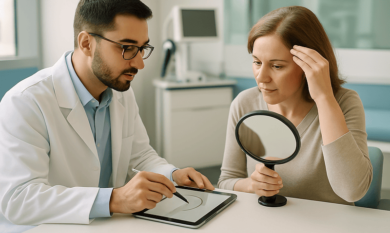 Doctor consulting with a woman about hair loss and scalp health.