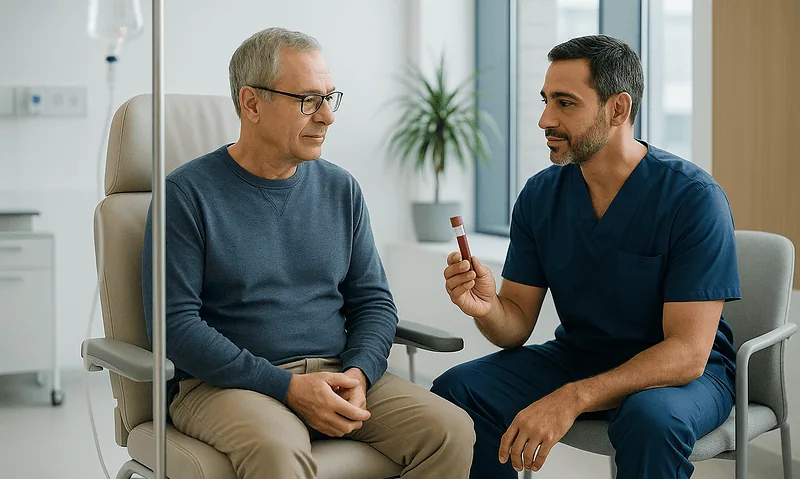 Doctor explaining blood test results to an elderly patient in a hospital room.