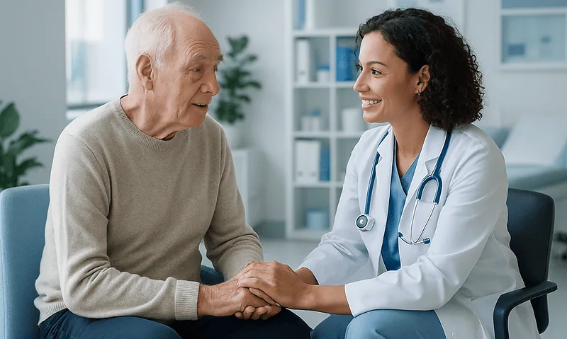 Doctor talking to elderly patient in a medical consultation room.